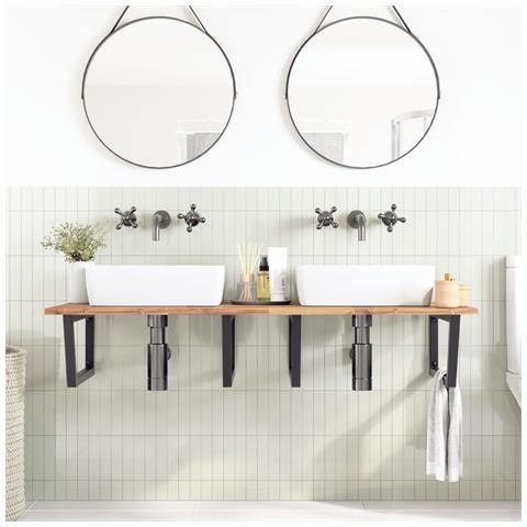 Ripiano A Parete Per Lavabo In Acciaio E Massello Di Acacia - Foto 2