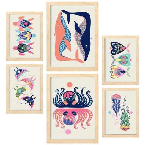 Set Di 6 Stampe Creatures Frames 2 In Animali Astratti Dipinti Decorativi Estetici Per Il Tuo Soggiorno Di Casa A3 & A4 Telaio In Legno Chiaro - Foto 1
