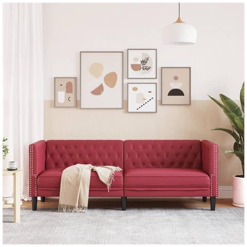 Poltrona Chesterfield A 3 Posti Rosso Vino In Similpelle - Foto 3