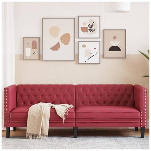 Poltrona Chesterfield A 3 Posti Rosso Vino In Similpelle - Foto 1