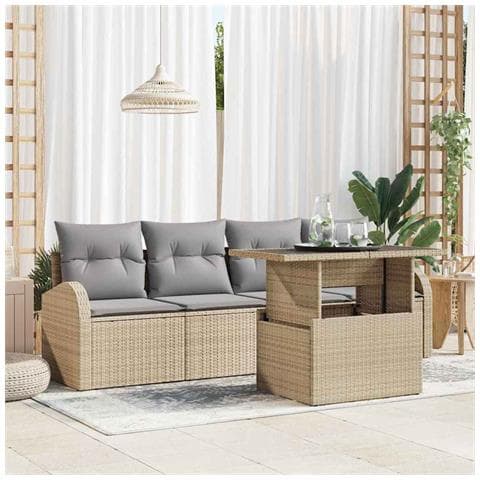 Set di Divano da Giardino 5 Pezzi con Cuscini Beige Polyrattan, Divano da Giardino per 2 Persone con Scorte e Cuscini Beige Polyrattan - Foto 2