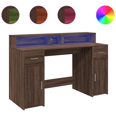 Scrivania con Luci LED Marrone Rovere 140x55x91 cm Multistrato - Foto 1