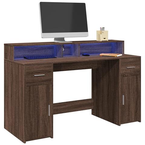 Scrivania con Luci LED Marrone Rovere 140x55x91 cm Multistrato - Foto 2