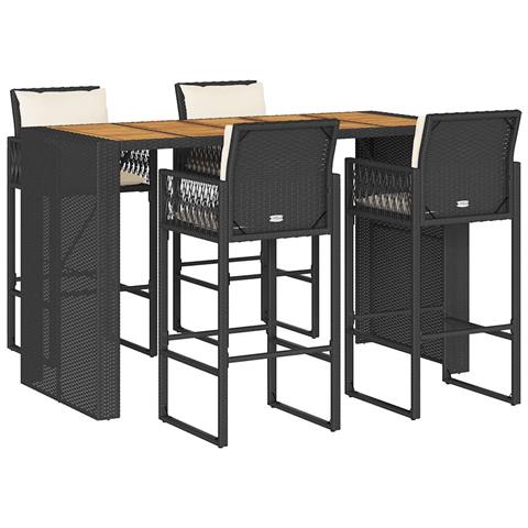 Set Bar da Giardino 5 pz con Cuscini Nero in Polyrattan Acacia - Foto 1