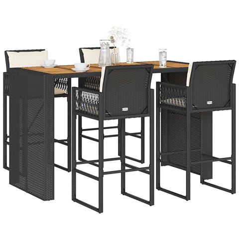 Set Bar da Giardino 5 pz con Cuscini Nero in Polyrattan Acacia - Foto 2