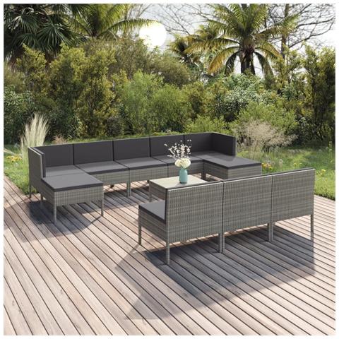 Set Divani da Giardino 11 pz con Cuscini in Polyrattan Grigio - Foto 2