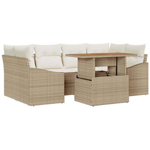 Set da Pranzo da Giardino in 7 Pezzi con Cuscini Beige Poly Rattan Acacia - Foto 1