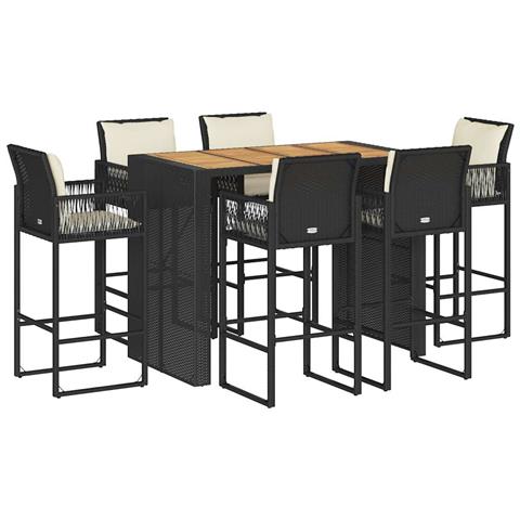 Set Bar da Giardino 7 pz con Cuscini Nero in Polyrattan Acacia - Foto 1