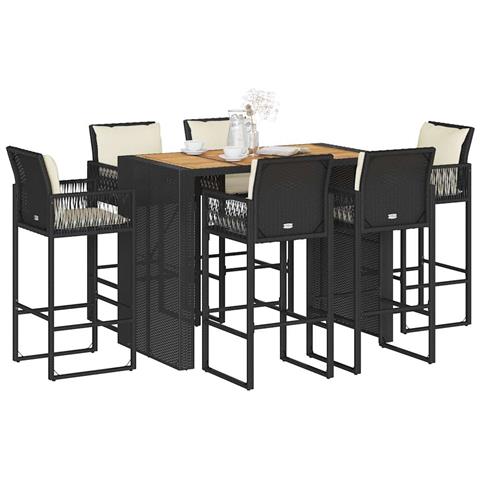 Set Bar da Giardino 7 pz con Cuscini Nero in Polyrattan Acacia - Foto 2