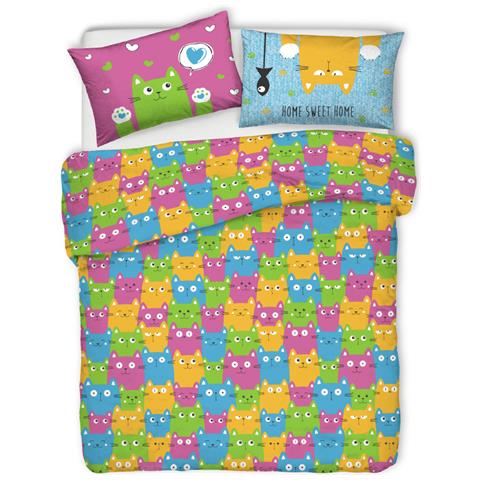 Copripiumino Sacco Piumone Pensieri Delicati Cotone Disegno Happy Cat Multicolor Matrimoniale Multicolor - Foto 1