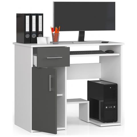 Scrivania per computer JAY, 1 anta e 1 cassetto, 90x50x74 cm, Colore Bianco e Grigio Grafite - Foto 2