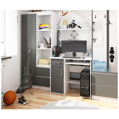 Scrivania per computer JAY, 1 anta e 1 cassetto, 90x50x74 cm, Colore Bianco e Grigio Grafite - Foto 5