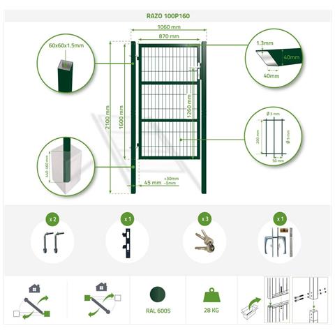 Confezione Cancello Battente In Rete Razo 300b160 + Cancello Verde Da 1 M - Foto 8