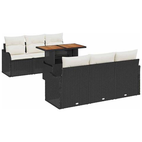 Set Divani Giardino  7 Pezzi con Cuscini Nero Rattan Polietilene Acacia, Divano Giardino 2 Posti  con Cuscini Nero Rattan Polietilene - Foto 1