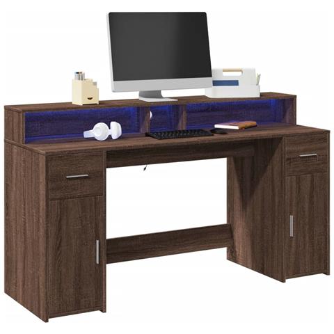 Scrivania con Luci LED Marrone Rovere 160x55x91 cm Multistrato - Foto 2