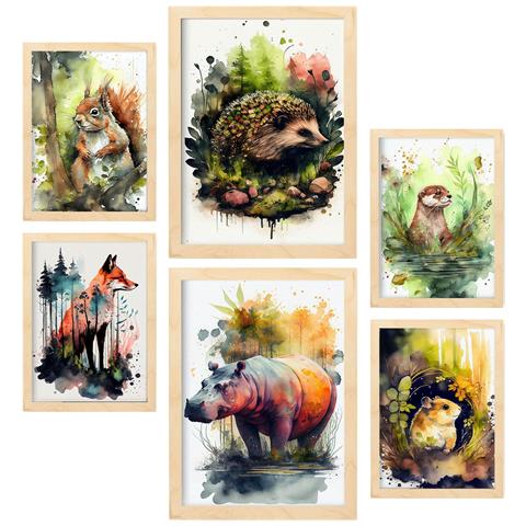Set Di 6 Stampe Illustrazioni Di Creature Viventi Di Animali In Paesaggi Naturali, Design D'interni Realistico In Stile Acquerello A3 & A4 Telaio In Legno Chiaro - Foto 1
