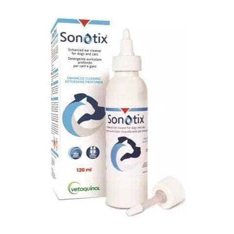 Sonotix Detergente Auricolare Profondo Cani e Gatti 120 ml + Cannula Corta Rigida + Cannula Lunga Flessibile - Foto 1