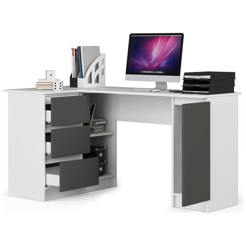 Scrivania ad angolo B20 sinistro, 1 anta e 3 cassetti, 155x85x77 cm, Colore Bianco e Grigio Grafite - Foto 2