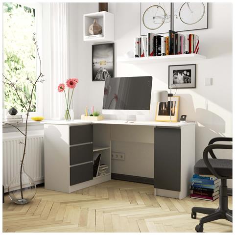 Scrivania ad angolo B20 sinistro, 1 anta e 3 cassetti, 155x85x77 cm, Colore Bianco e Grigio Grafite - Foto 5
