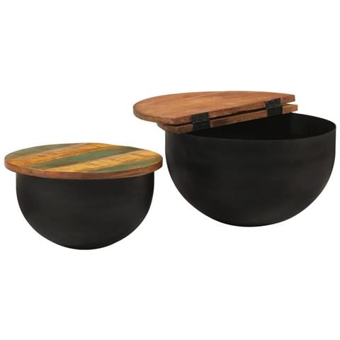 Set Tavolini Da Salotto 2 Pz Nero In Legno Massello Di Recupero - Foto 2