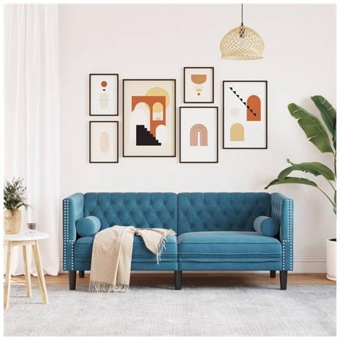 Divano Chesterfield Con Rinforzi 2 Posti Blu In Velluto - Foto 3