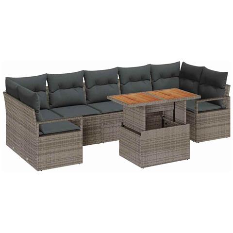 Set Divano Giardino 8 Pezzi con Cuscini Grigio in Polyrattan Acacia,  Divano Giardino 2 Persone con Cuscini Grigio in Polyrattan - Foto 1