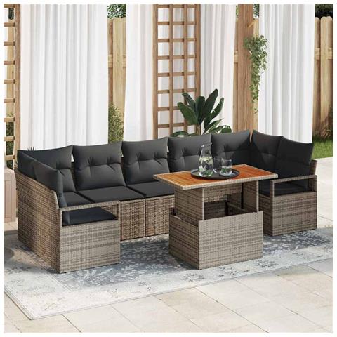 Set Divano Giardino 8 Pezzi con Cuscini Grigio in Polyrattan Acacia,  Divano Giardino 2 Persone con Cuscini Grigio in Polyrattan - Foto 2