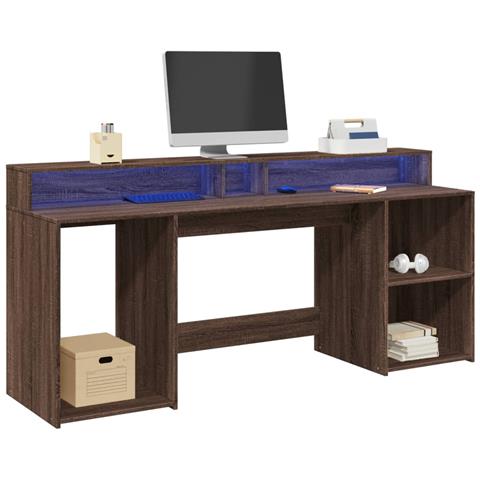 Scrivania con Luci LED Marrone Rovere 200x55x91 cm Truciolato - Foto 2