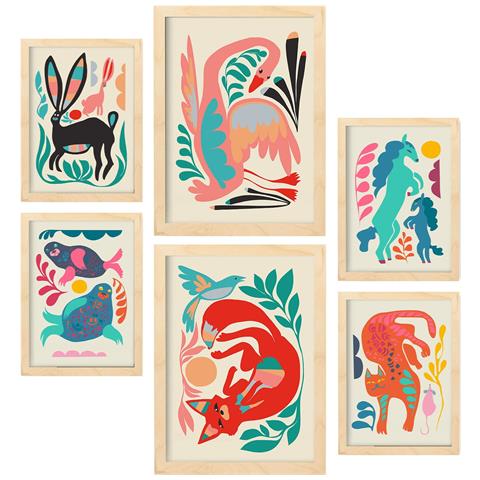 Set Di 6 Stampe Line Breed 1 In Animali Astratti Dipinti Decorativi Estetici Per Il Tuo Soggiorno Di Casa A3 & A4 Telaio In Legno Chiaro - Foto 1