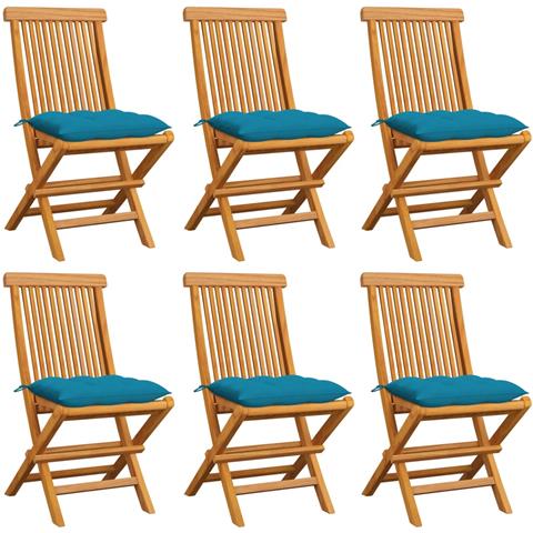 Sedie da Giardino con Cuscini Azzurri 6 pz in Massello di Teak - Foto 1