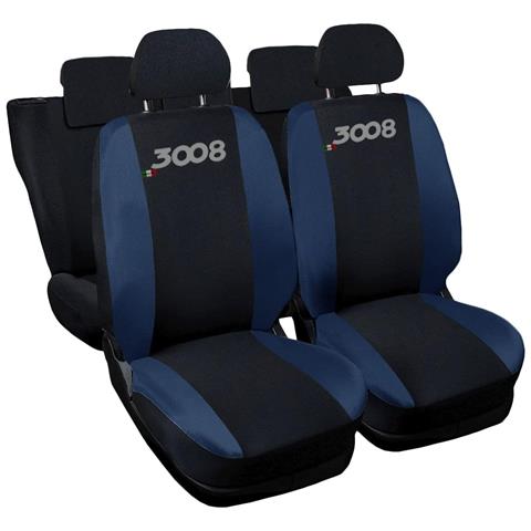Coprisedili Auto Compatibili Per 3008, Made In Italy, Set Di Copri Sedili Anteriori E Posteriori Con Copri Poggiatesta Incluso, Tessuto Poliestere, Colore - Nero \blu Scuro - Foto 1