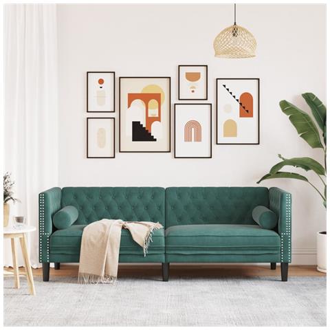 Divano Chesterfield Con Rinforzi 3 Posti Verde Scuro In Velluto - Foto 3