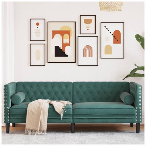 Divano Chesterfield Con Rinforzi 3 Posti Verde Scuro In Velluto - Foto 1