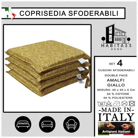Set 4 Cuscini Per Sedie Cucina Con Laccetti, Copri Sedia Sfoderabili E Lavabili, Rivestimento Tessuto Loneta, Made In Italy (4 Amalfi Giallo) - Foto 2