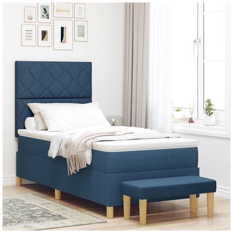 Letto con Rete a Molle con Materasso e Panca Blu 90x200 cm Tessuto - Foto 2