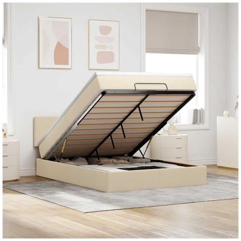 Pouf Letto con Materasso e LED Crema 140x200 cm in Tessuto - Foto 2
