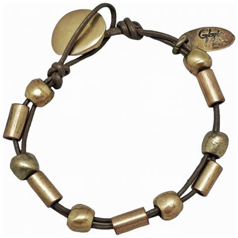 Bracciale In Pelle Marrone Con Perline Placcate In Oro E Chiusura A Bottone. - Foto 1