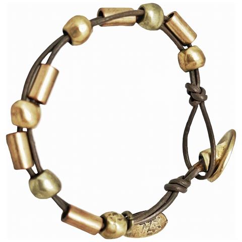 Bracciale In Pelle Marrone Con Perline Placcate In Oro E Chiusura A Bottone. - Foto 3