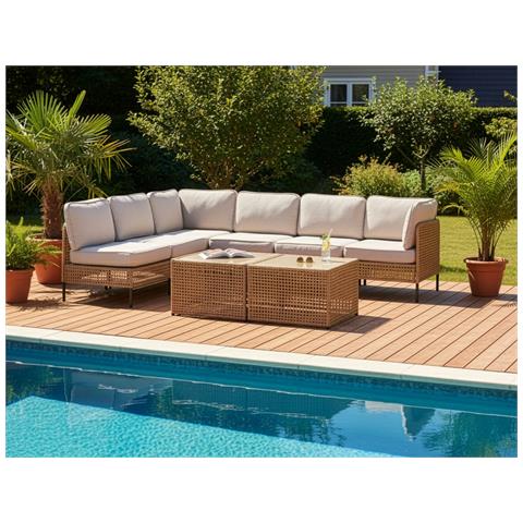 Set Di Divani Angolari Da Giardino 6 Posti Omegana Modulare Beige Chiaro - Foto 1