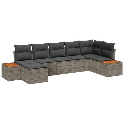 Set di Divani da Giardino a 7 Pezzi con Cuscini Grigia in Polyrattan Acacia - Foto 1