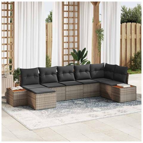 Set di Divani da Giardino a 7 Pezzi con Cuscini Grigia in Polyrattan Acacia - Foto 2
