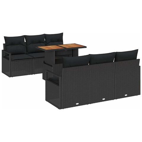 Set Divani Giardino  7 Pezzi con Cuscini Rattan Polietilene Nero, Divano Giardino  2 Posti con Magazzino e Cuscini Rattan Polietilene Nero - Foto 1