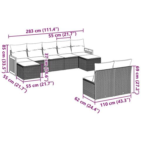 Set Divani da Giardino 9 pz con Cuscini Nero in Polyrattan - Foto 3