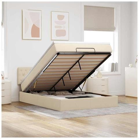 Pouf Letto con Materasso e LED Crema 140x200 cm in Tessuto - Foto 2