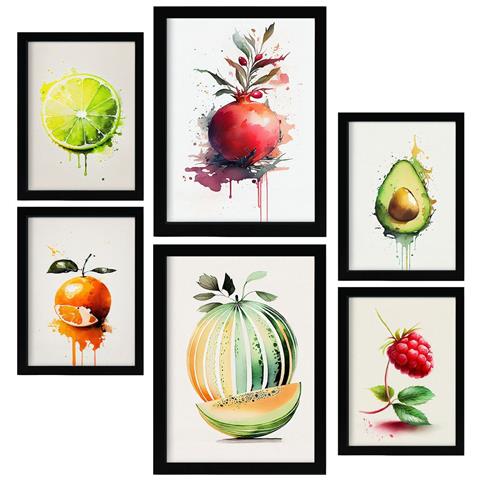 Set Di 6 Stampe Poster Di Frutta Estiva, Verdura E Cibi Sani In Acquerello Su Bianco Puro A3 & A4 Cornice Nera - Foto 1