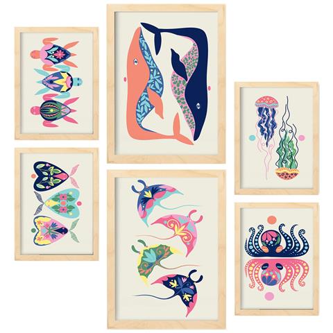 Set Di 6 Stampe Creature Acquatiche In Animali Astratti Dipinti Decorativi Estetici Per Il Tuo Soggiorno Di Casa A3 & A4 Telaio In Legno Chiaro - Foto 1
