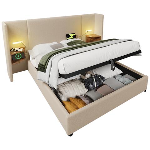 Letto In Lino Beige Con Testiera Organizzativa E Mensola In Legno - Foto 1