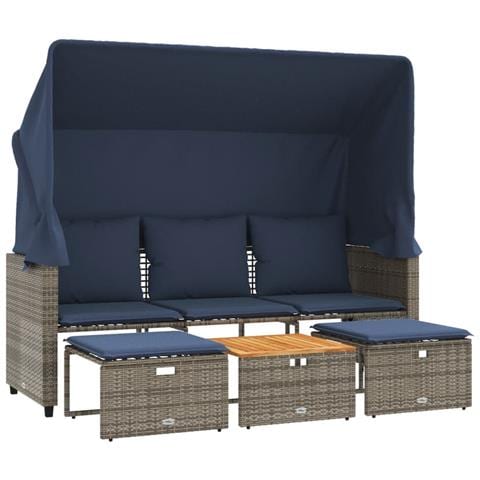 Divano da giardino a 3 posti con baldacchino e sgabelli in Polyrattan Grigio - Foto 1
