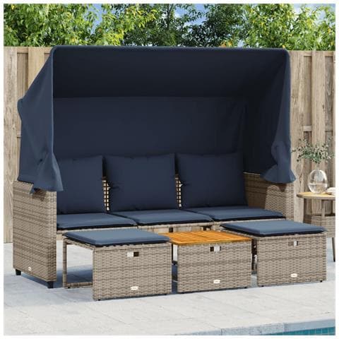 Divano da giardino a 3 posti con baldacchino e sgabelli in Polyrattan Grigio - Foto 2