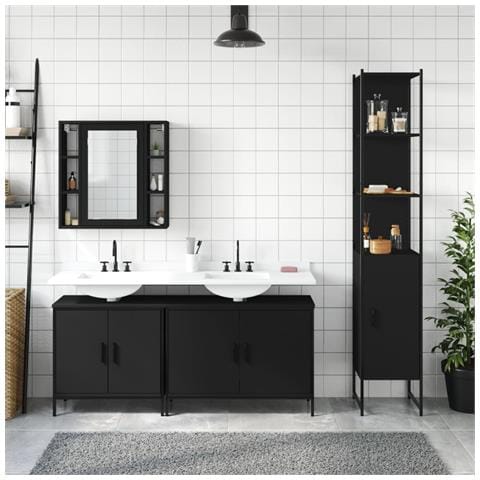 Set Mobili Da Bagno 4 Pz Nero In Legno Multistrato - Foto 2
